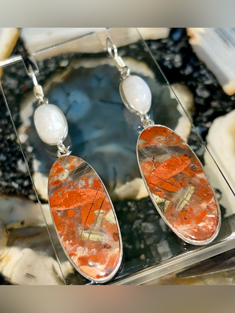 Rainbow Moonstone & Red Jasper Earrings 2 7/8”